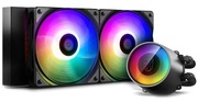 DEEPCOOLLiquidCooler"CASTLE240RGBV2",Socket1150/1151/20xx&TR4/AM4/FM2/AM3,upto250W,2xTF120fan,RGBvariablelightingsystem,fans:500~1800rpm,pump:2550rpm,17.8~30dBA,69.34CFM,4pin,HydroBearing,Copperbase